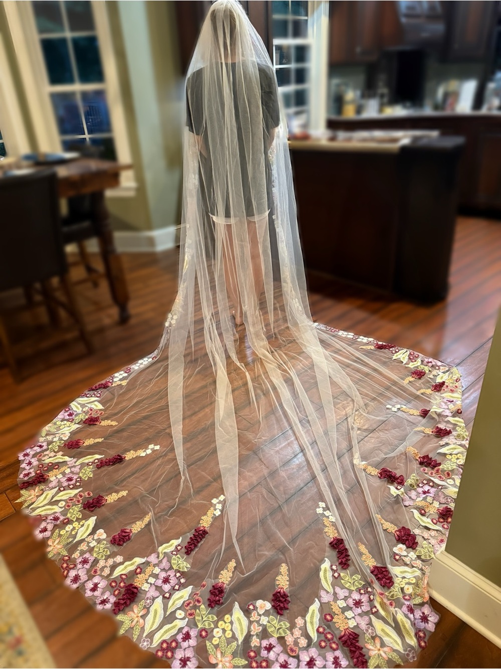 Floral Embroidered Cathedral Veil with Burgundy & Lilac Accents